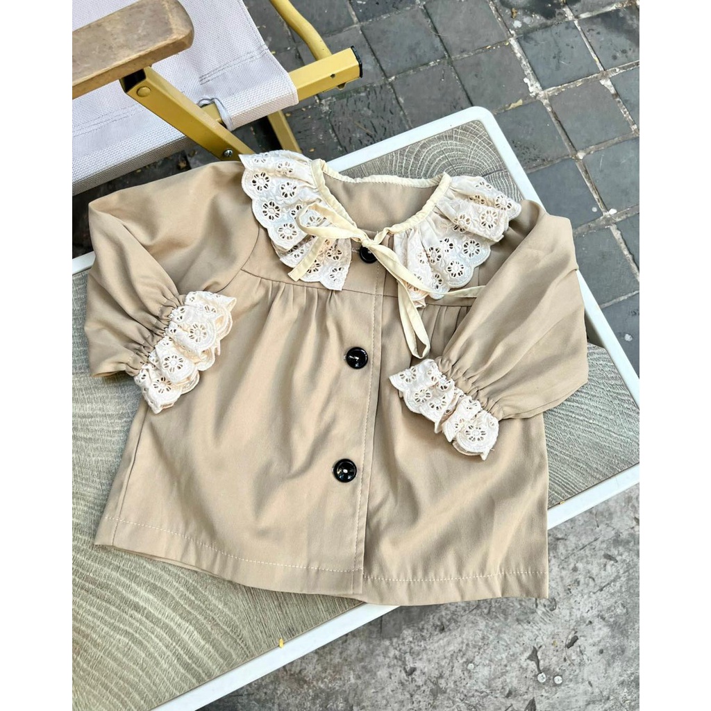 Áo Khoác Kaki Mềm Cổ Viền Ren Buộc Nơ Điệu Đà