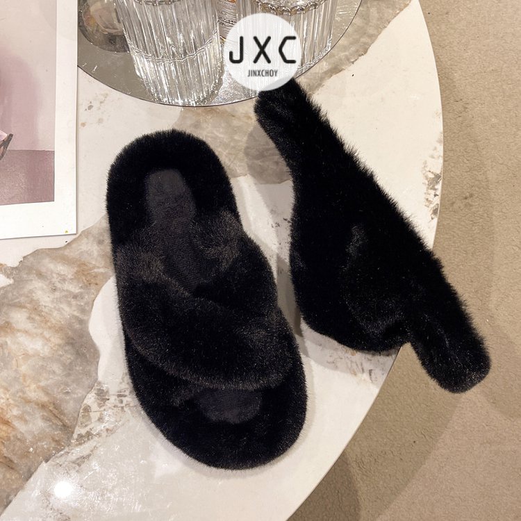 JINxCHOYDép Lông Xù Mũi Tròn Quai Chéo Màu Trơn Dễ Thương Hợp Thời Trang Hè