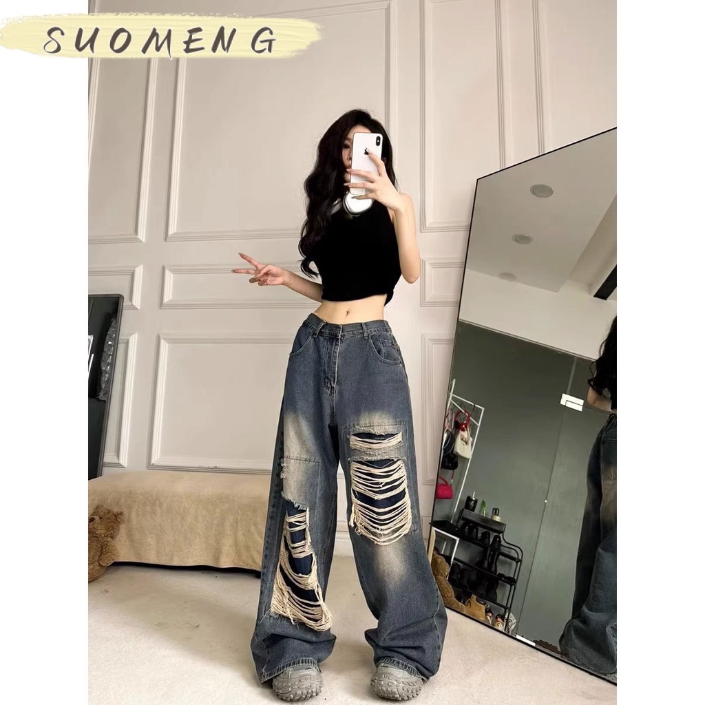 SUOMENG quần ống rộng quần nữ jean phong cách Retro Ống Rộng siêu đẹp 2023 MỚI Trendy Thanh lịch Phong cách High quality A97L3QC 36Z230909