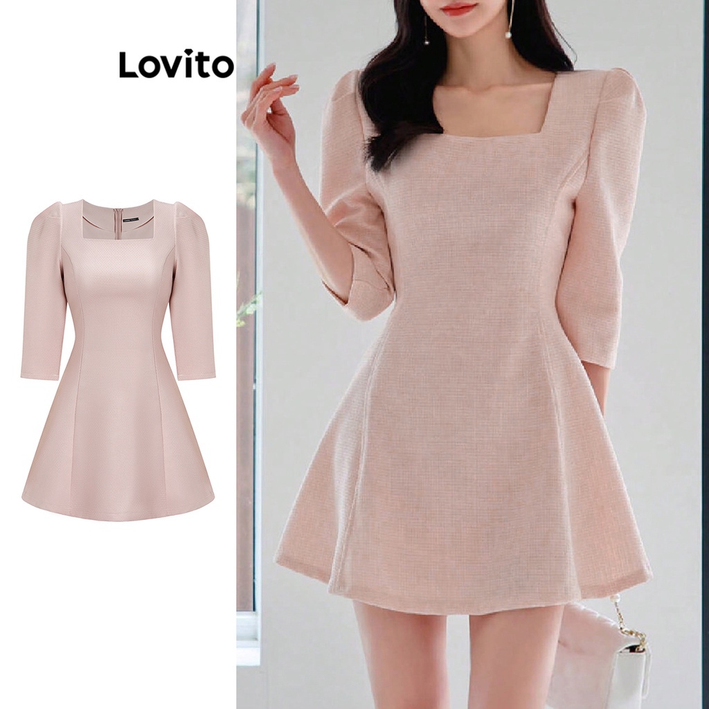 Đầm đơn giản nhẹ nhàng Lovito tay 3/4 đơn giản màu trơn thường ngày cho nữ váy dự tiệc L61AD068 (màu hồng)