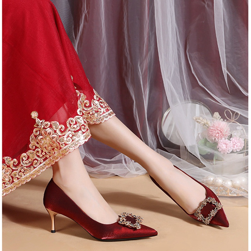 Giày Cao Gót 6cm 9cm Mũi Nhọn Đính Đá Màu Đỏ Quyến Rũ Thời Trang Phong Cách Hàn Quốc Cho Nữ