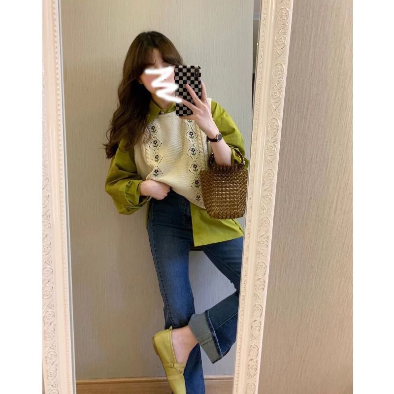 Set Áo Sơ Mi Tay Dài + Áo Len Không Tay Phong Cách Hàn Quốc Thời Trang Xuân Thu Hàng Mới Dành Cho Bạn Nữ