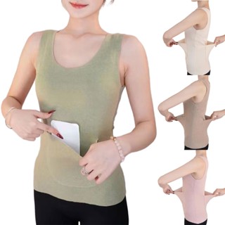 Lu Nữ Áo Vest Giữ Nhiệt Có Eo Trước Và Sau Túi Giữ Ấm Mùa Đông Áo Lót Lông Cừu Màu Trơn Đồ Lót Xe Tăng