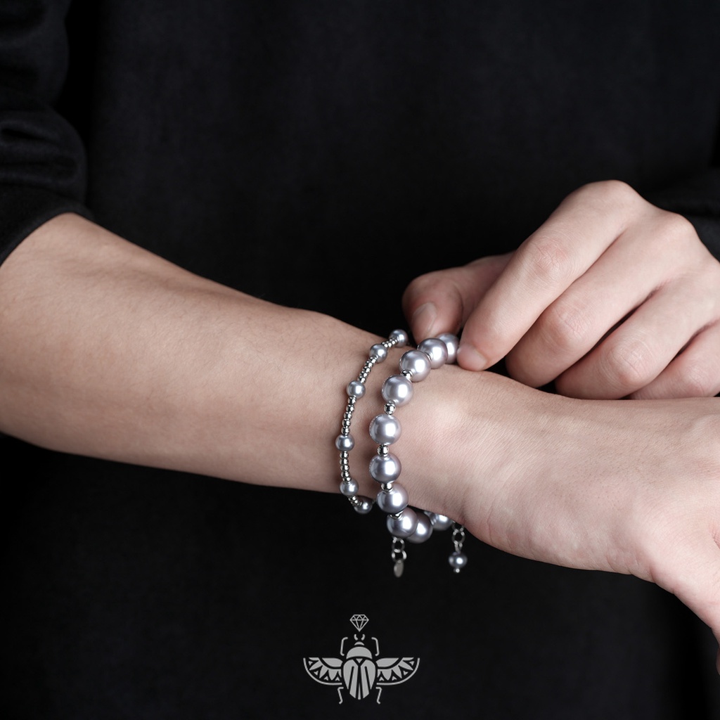 Vòng Tay Inox Đính Hạt Giả Ngọc Trai Phong Cách hip hop