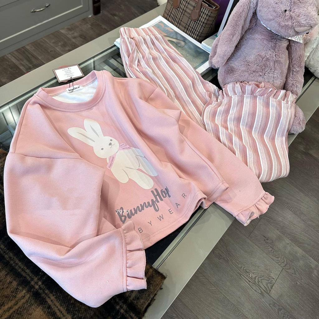 ✨MALINHKID✨BN101- Bộ nỉ thỏ BUNNY HOP áo nỉ bông mix quần loe kẻ trẻ em