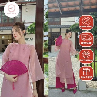 Áo dài cách tân màu hồng pastel chất liệu tơ crep thiết kế 4 tà họa tiết thêu hoa xinh -  Shop Áo Dài Mộc Lâm - AD90