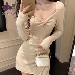 Đầm XIYUYI dệt kim tay dài cổ vuông hở vai ôm hông gợi cảm cho nữ
