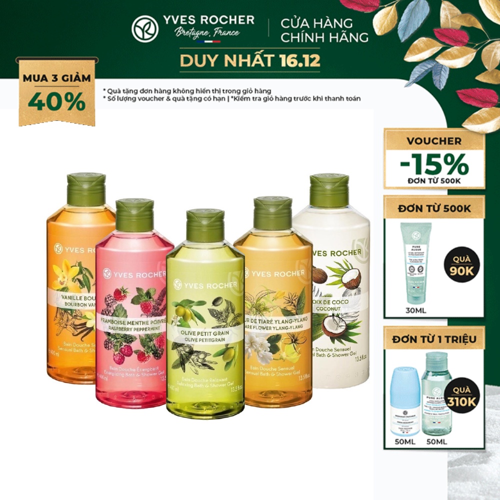 Sữa Tắm Yves Rocher chính hãng Pháp nguồn gốc tự nhiên, nuôi dưỡng da mềm mại, mịn màng, nhiều mùi hương - Chai 400ml