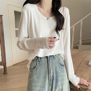Áo Thun Tay Dài Dáng Rộng Màu Sắc Đơn Giản Dễ Phối Đồ Cho Nữ