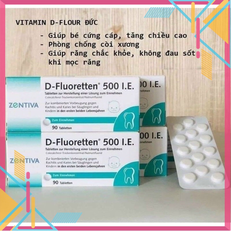 BB Vitamin D Fluoretten 500 I.E Zentiva Đức bổ sung vitamin D3 cho trẻ phát triển xương và răng hộp 90 viên