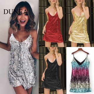 DUNEA Đầm Hai Dây Cổ Chữ V Đính Kim Tuyến Lấp Lánh Quyến Rũ Thời Trang