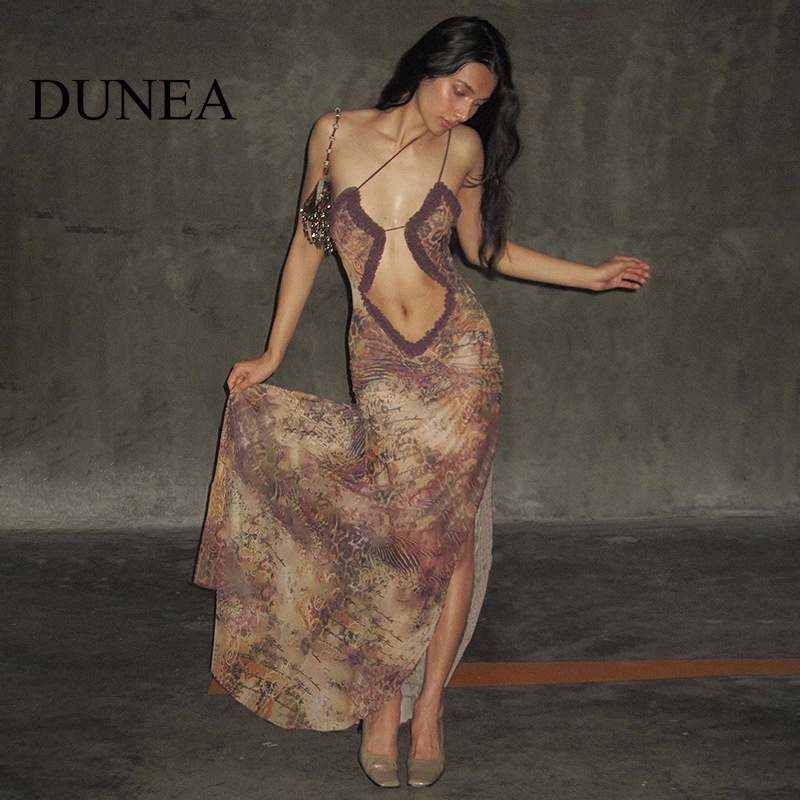DUNEA Đầm Croptop Dáng Rộng Viền Gỗ In Họa Tiết Gợi Cảm Cho Nữ