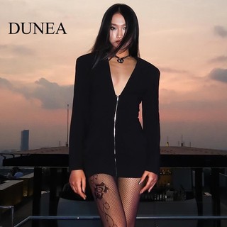 DUNEA Đầm Ôm Dáng Cổ Chữ V Phối Khóa Kéo Quyến Rũ Cho Nữ
