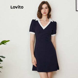 (Lovito Premium) Đầm trơn màu giản dị Colorblock V có cổ vẽ lại L24AD071 (Xanh đậm)