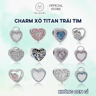 Charm titan nữ không gỉ VIBE trang trí vòng tay, hạt charm xỏ ngang hình trái tim nhiều màu sắc