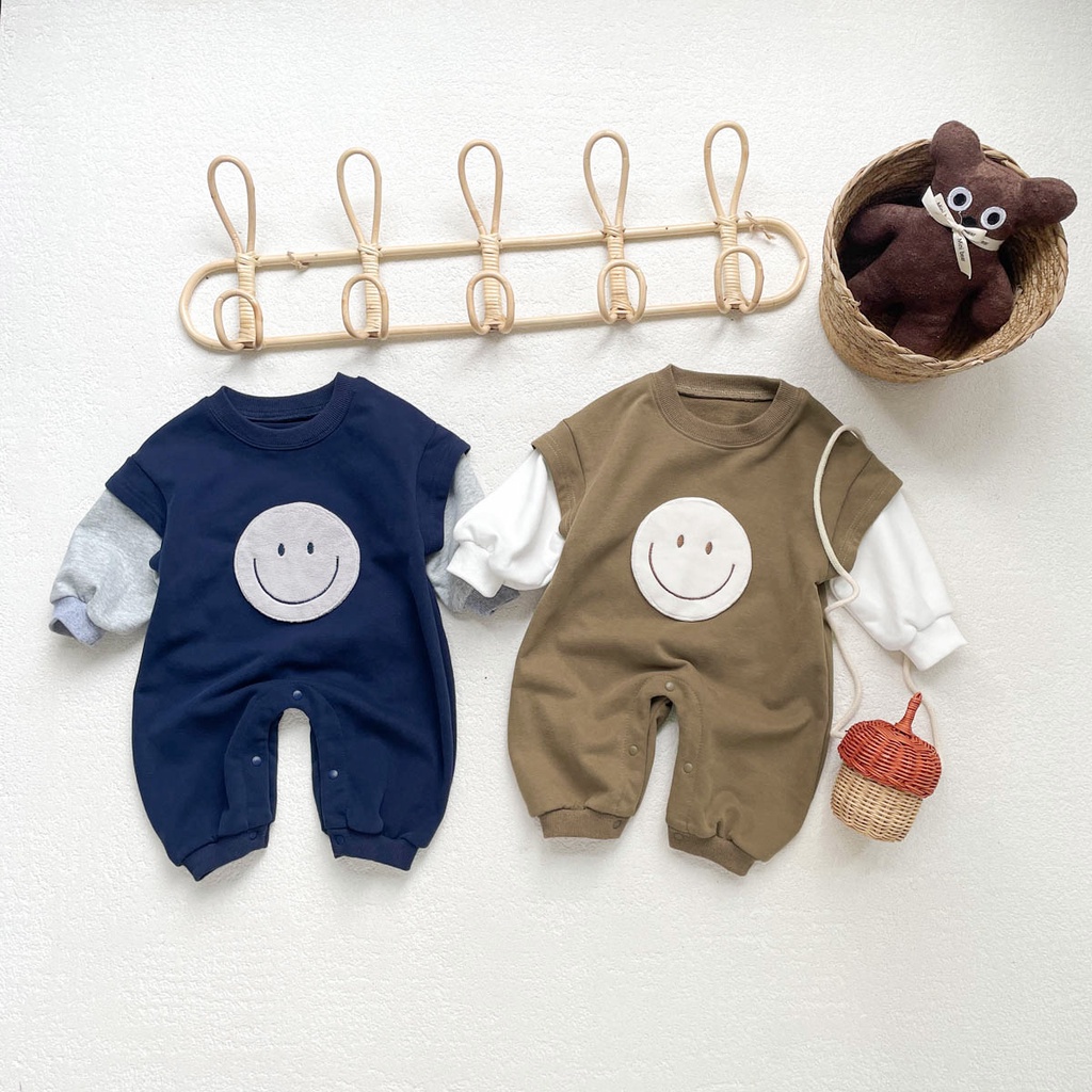 Áo Liền Quần Tay Dài In Hình Mặt Cười Dễ Thương Giữ Ấm Mùa Thu Cho Bé Trai / Gái 0-24 Tháng Tuổi