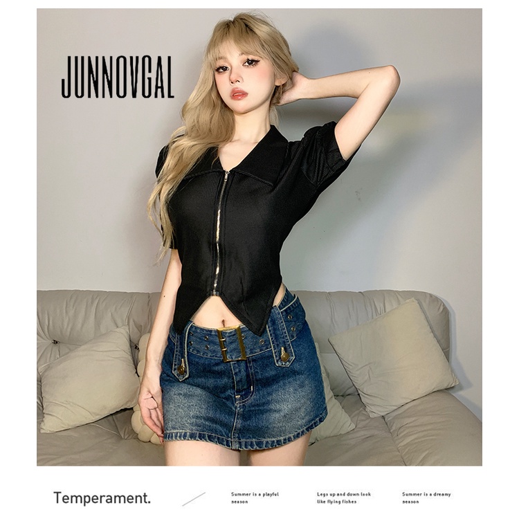 Áo sơ mi kiểu JUNNOVGAL khóa zip mỏng thời trang ngọt ngào mát mẻ 2023 cho nữ