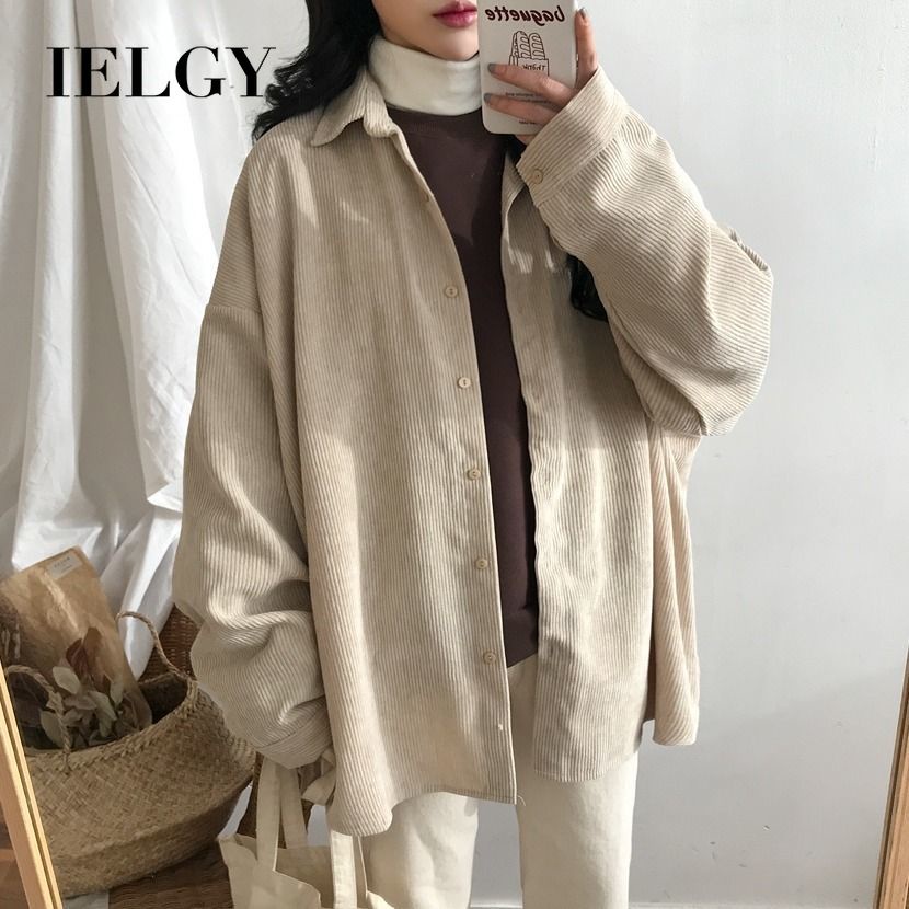 Ielgy Áo Khoác Sơ Mi Dáng Rộng Vải Nhung Kẻ Cho Nữ