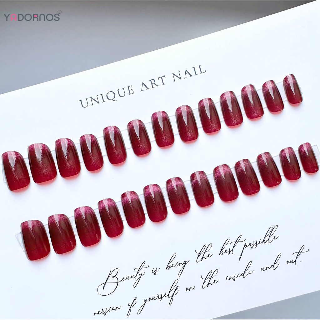 YADORNOS Móng Tay Giả In Hình Mắt Mèo Màu Đỏ Rượu Vang Dễ Sử Dụng