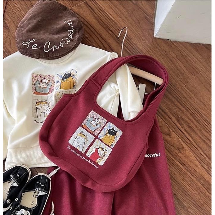 G687 - BỘ BÉ GÁI NỈ TRẮNG HÌNH MÈO KÈM TÚI