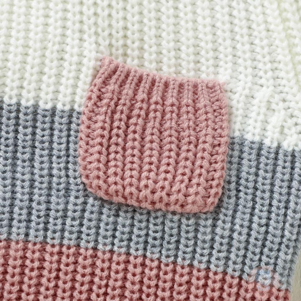 Laa6-áo sweater Dệt Kim Tay Dài Cổ Thuyền Ấm Áp Màu Sắc Tương Phản Cho Bé