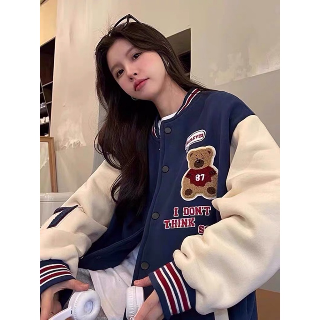 Áo khoác bomber varsity thêu hình gấu teddy , chất nỉ ấm áp phong cách cho cả nam và nữ EB014 Meme