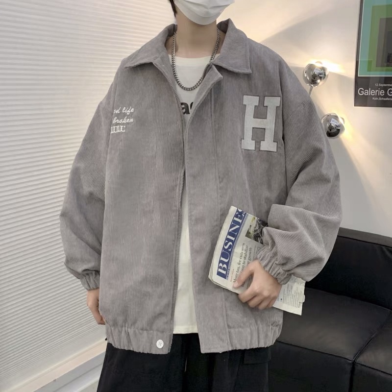 Áo khoác bomber nhung tăm thêu chữ H , phối màu basic đơn giản unisex EB016 Meme