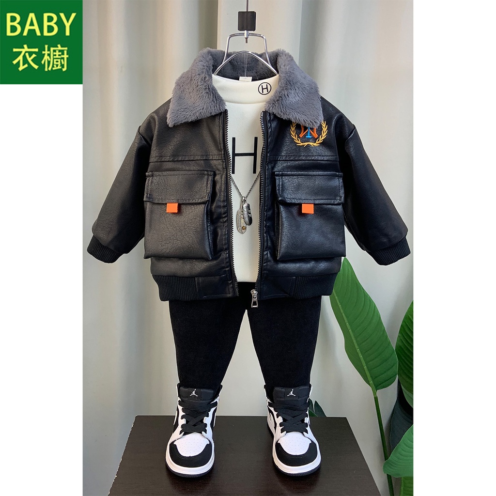 Áo Khoác Da Lót Lông Cừu Phong Cách Hàn Quốc Thời Trang Mùa Đông 2023 Cho Bé Trai