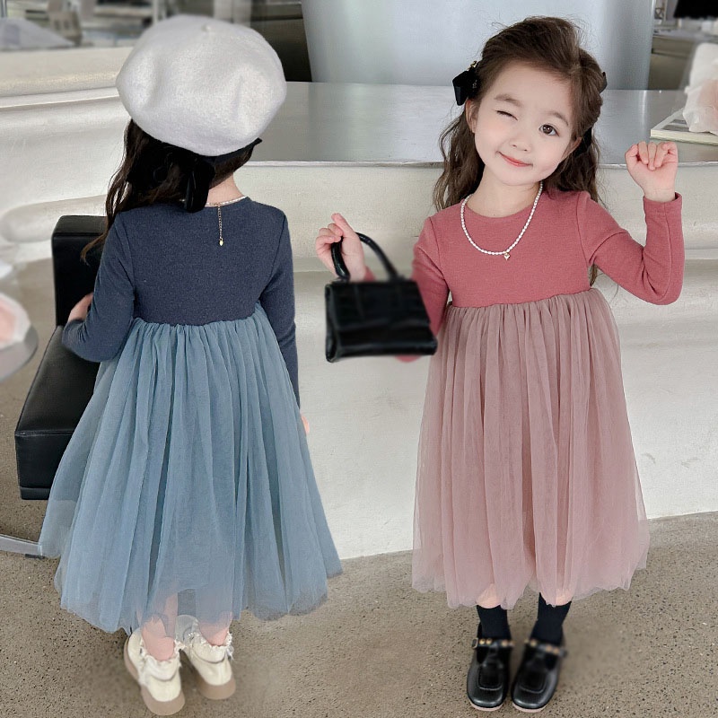 Se7en Đầm Công Chúa Tay Dài Phối Lưới Màu Trơn Dễ Thương Thời Trang Mùa Thu Cho Bé Gái
