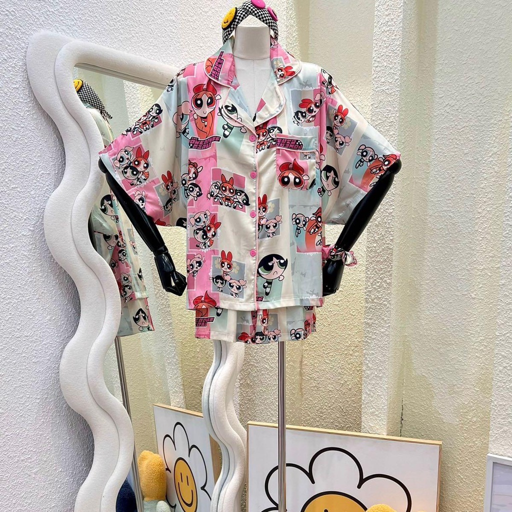 Bộ Pijama Monybear quần đùi , áo tay dơi in hình Powerpuff girl khung kèm cột tóc - HN1591