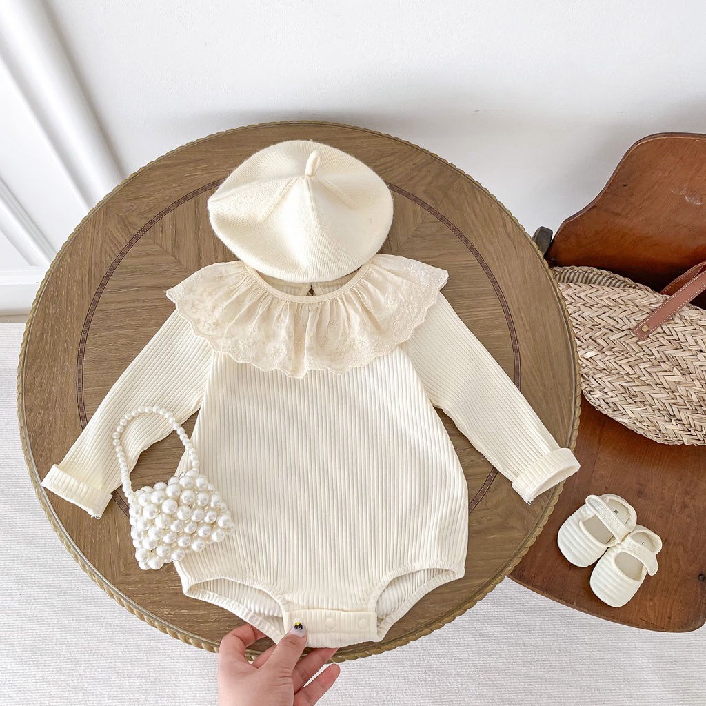 Bộ Áo Liền Quần Tam Giác Tay Dài Vải cotton Phối Ren Xinh Xắn Cho Bé Gái