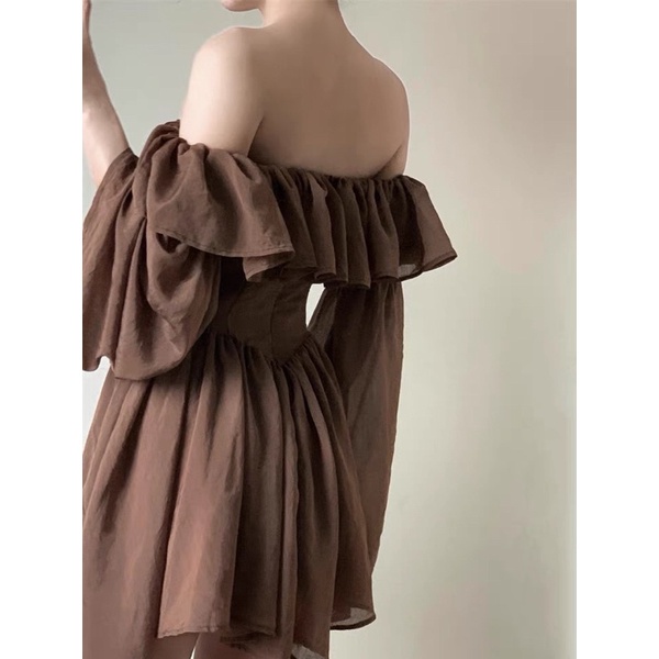 Đầm Váy Corset, Váy Tay Rũ Xoè Nhẹ, Váy Trễ Vai Màu Nâu Phù Hợp Đi Chơi, Đi Học, Đi Làm, Dự Tiệc