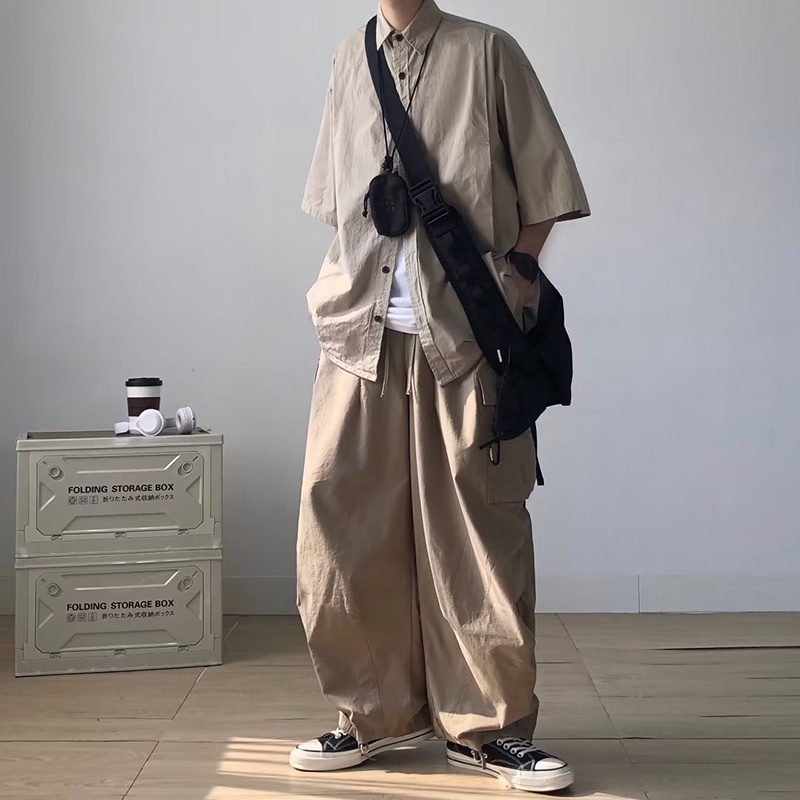 Áo Sơ Mi Tay Ngắn Dáng Rộng Phong Cách retro Đơn Giản Cho Nam