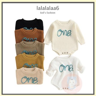 Romper đan len tay dài cổ tròn thêu chữ laa6 cho bé
