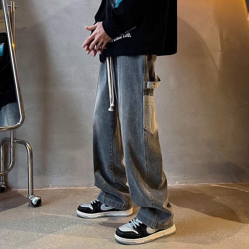 Quần Jean Dài Dáng Rộng Phối Túi Dây Rút Thời Trang Mùa Xuân Hàn Quốc Dành Cho Nam