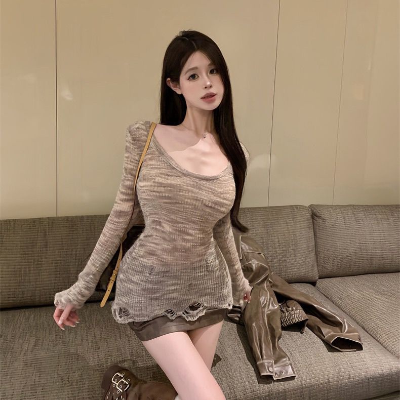 Milyfashion Áo sweater Ôm Dáng Tay Dài Nhuộm Màu Thuần Khiết Thời Trang Thu Đông Cho Nữ