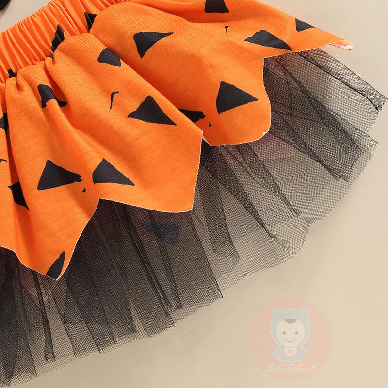 Laa6-áo crop Top Trễ Vai Buộc Dây Màu Trơn + Chân Váy Lưới Co Giãn Phong Cách halloween Cho Bé Gái