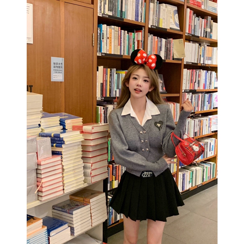 LIVE GREAT Set Áo Len polo Tay Dài Và Chân Váy Ngắn Thời Trang Thanh Lịch Dành Cho Nữ