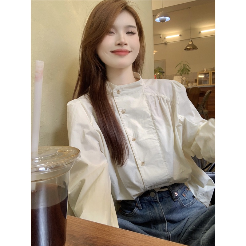 Áo Sơ Mi Tay Dài Cổ Đứng Dáng Rộng Phong Cách Pháp Thời Trang Mùa Thu Cao Cấp Cho Nữ