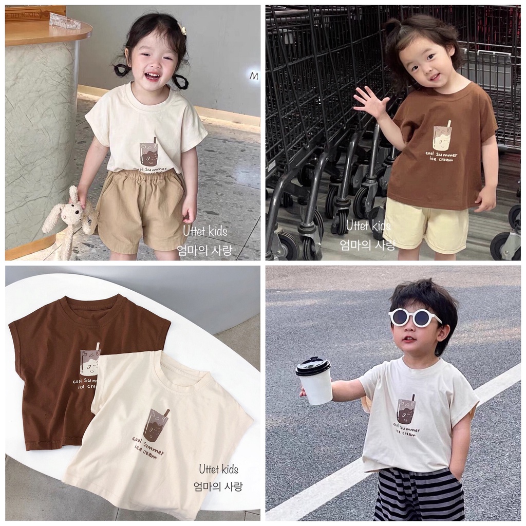 ÁO THUN TRÀ SỮA PHONG CÁCH HÀN QUỐC CHO BÉ GÁI VÀ BÉ TRAI 23095