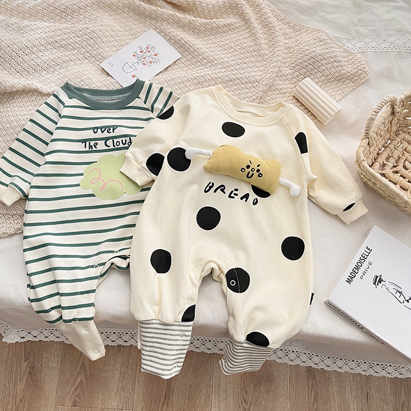 Bộ Áo Liền Quần Tay Dài In Họa Tiết Kẻ Sọc Siêu Dễ Thương Thời Trang Mùa Thu Cho Bé Sơ Sinh c6jk