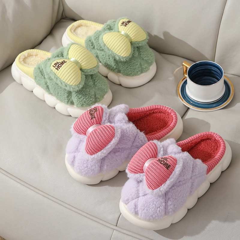 Dép Bông cotton Dệt Kim Đính Nơ Dễ Thương Cho Nữ