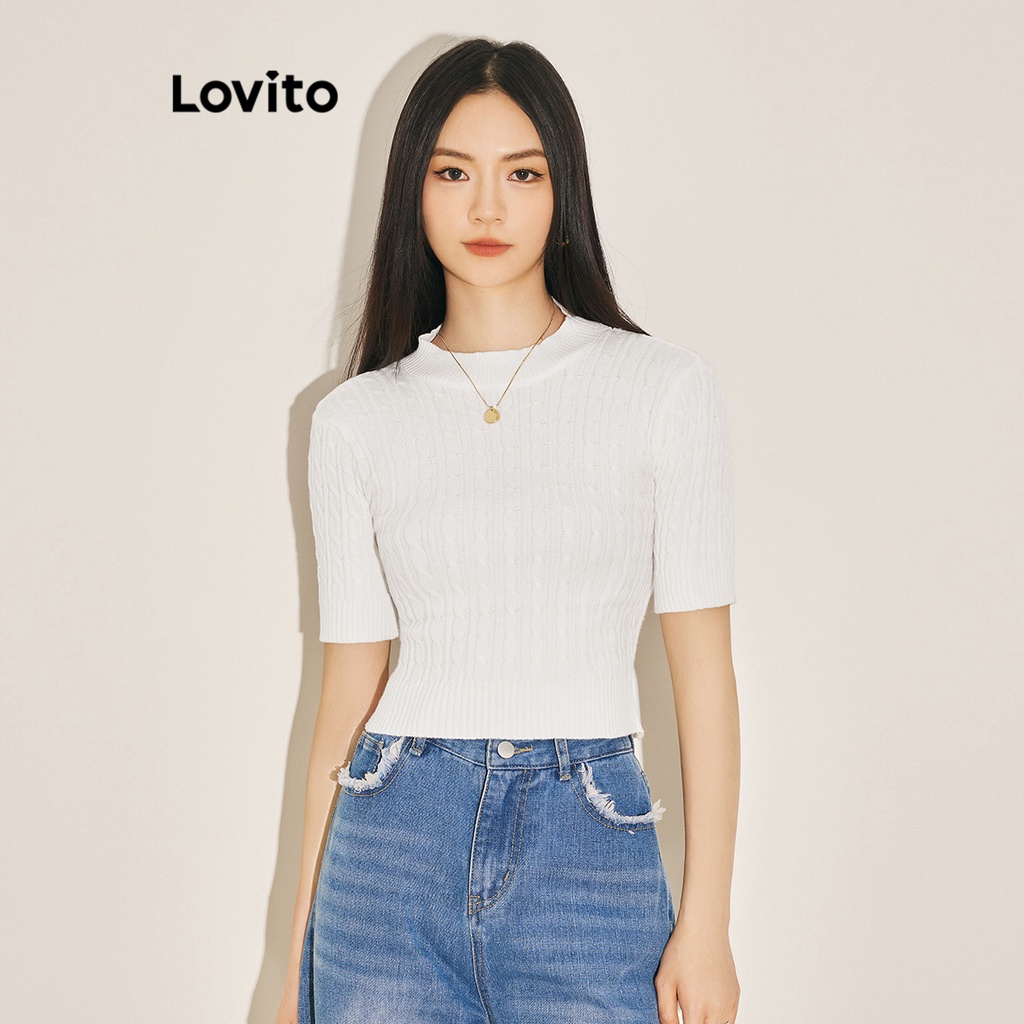 Áo dệt kim Lovito tay ngắn đơn giản màu trơn thường ngày cho nữ L61AD146