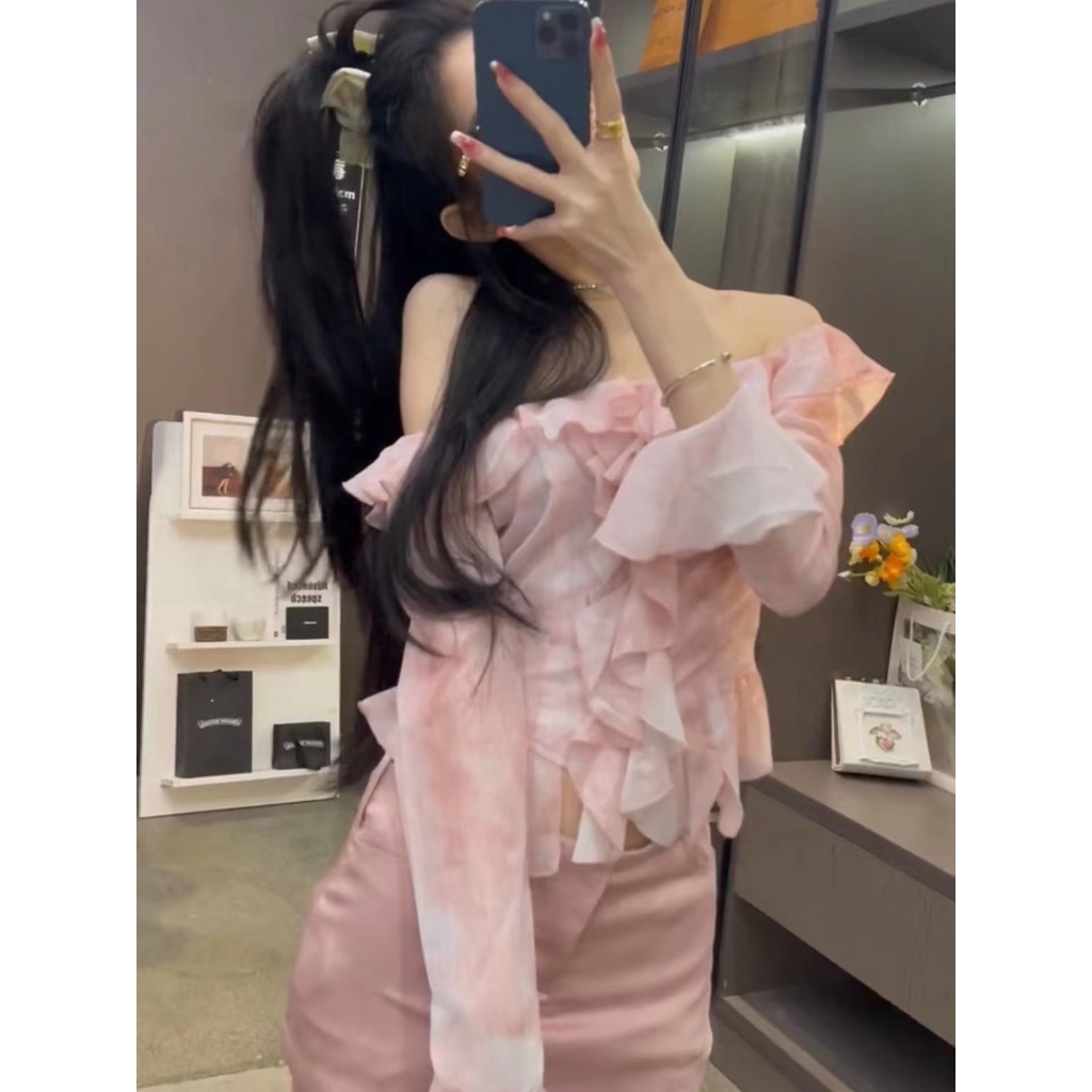 Set Áo Trễ Vai Tay Loe Dài Phối Bèo + Chân Váy Lưng Cao Thời Trang Cho Nữ