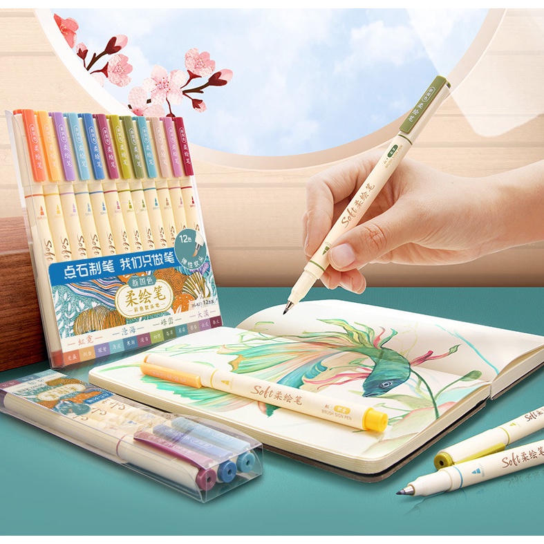 Bộ 12 Bút Brush Soft Viết Thư Pháp Calligraphy/Bullet Journal Ngòi Cao Cấp