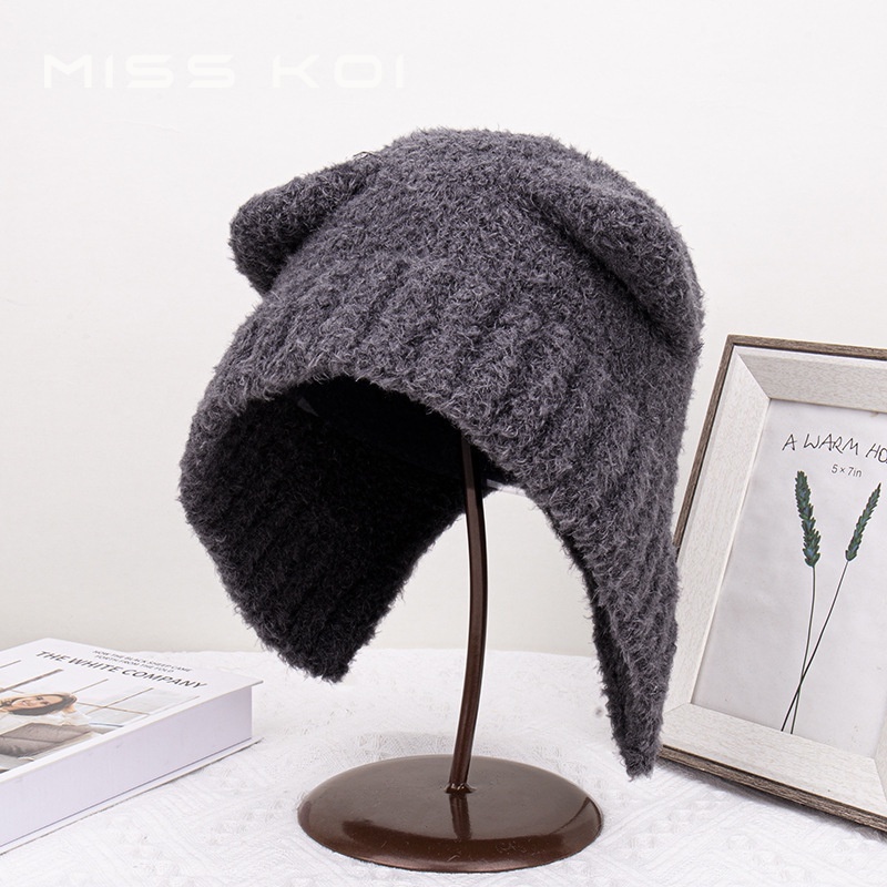 Misskoi  Mũ Len Giữ Ấm Bảo Vệ Tai Phong Cách Mới Mùa Thu Đông Dễ Phối Đồ Màu Xám K