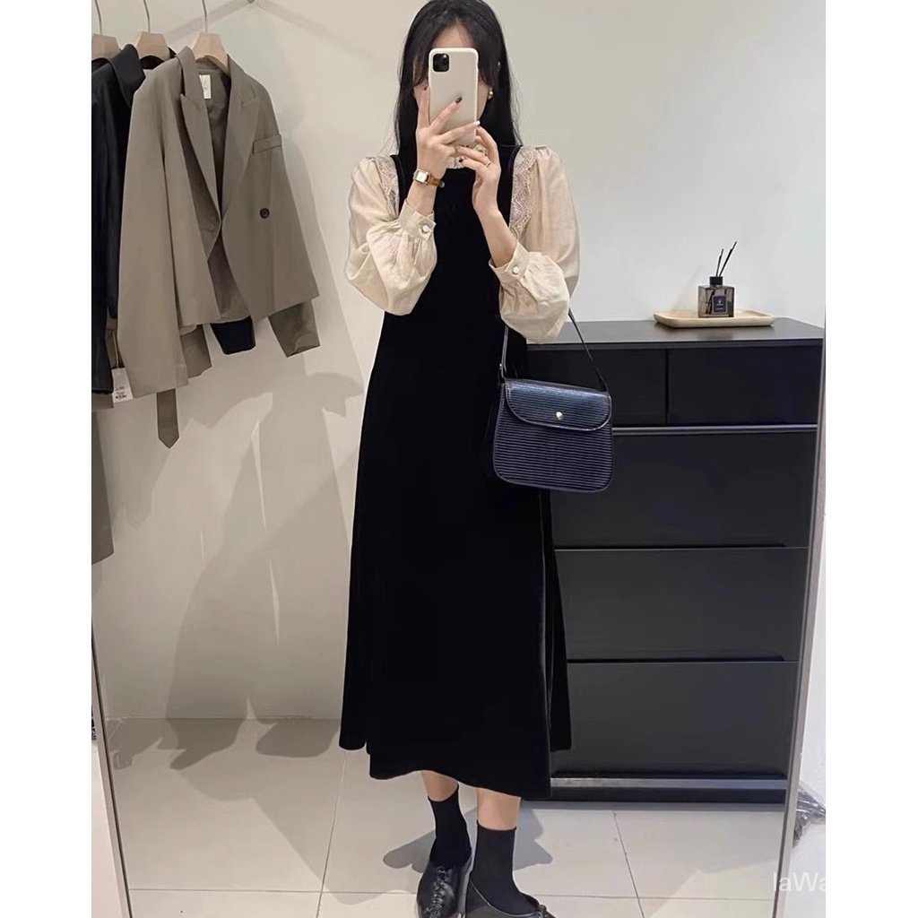 Slightly fat Đầm Nhung Dáng Dài Giả Hai Mảnh Kích Thước Lớn Phong Cách Mới Mùa Thu Pháp 202 Dành Cho Bạn Nữ