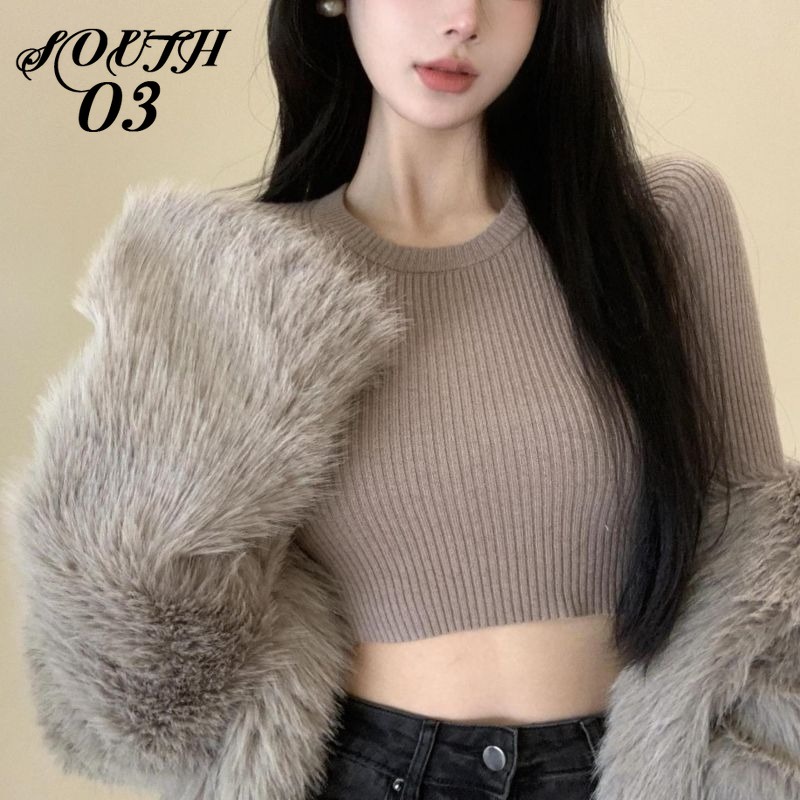 Áo sweater Cổ Tròn Màu Sắc Đơn Giản Cho Nữ Áo Croptop Áo Len