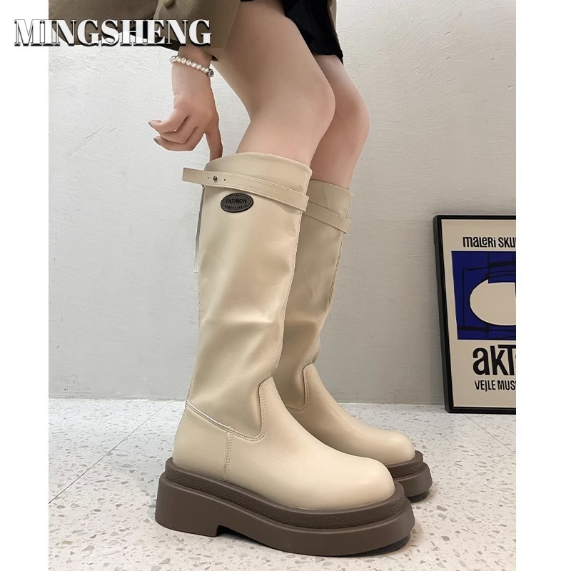 Giày Bốt Cổ Cao Dày Dặn Màu Trắng Có Khóa Kéo Phong Cách Pháp Cổ Điển Thời Trang Cho Nữ