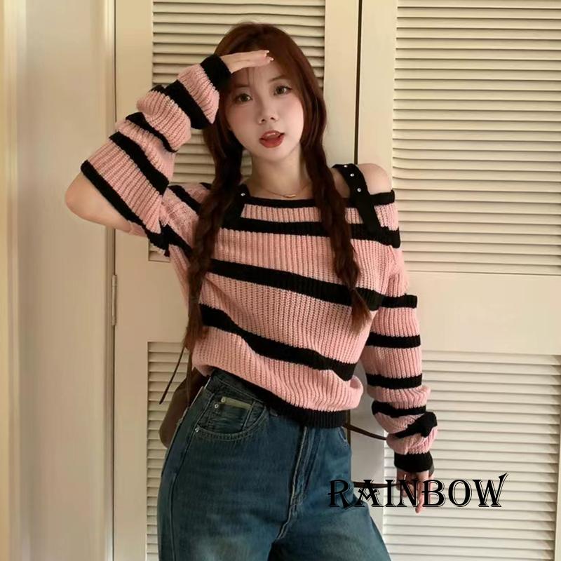 Áo Sweater Trễ Vai Tay Dài Hoạ Tiết Kẻ Sọc Cầu Vồng